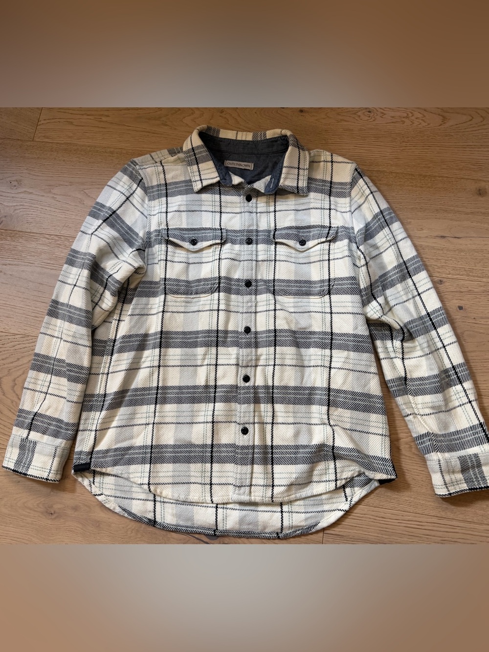 Outerknown Men's Cream and Black Plaid Blanket Shirt